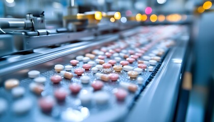 Obraz premium Close-up view of pharmaceutical pills on a production line in a modern factory, showcasing the process of manufacturing and quality control in the healthcare industry.