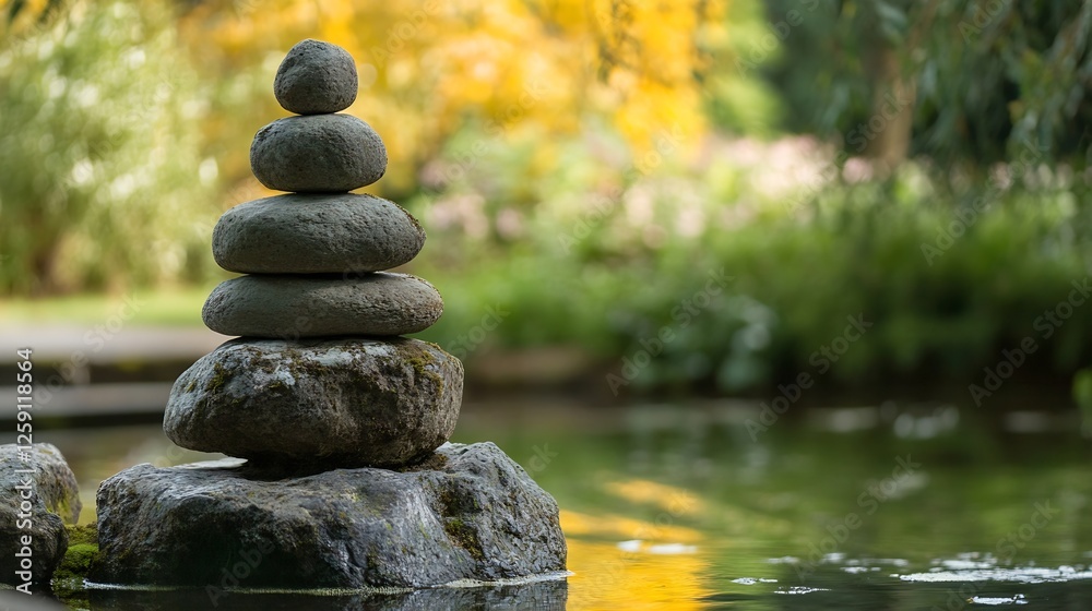 Poster balanced stone stack on a rock in tranquil water surrounded by nature : generative ai