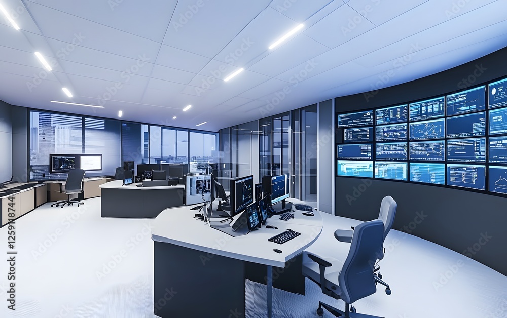 Poster modern office interior featuring sophisticated control room design, equipped with multiple computer 