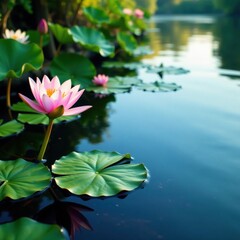 Gentle ripples on a still pond with lily pads, flowers, peaceful, lily