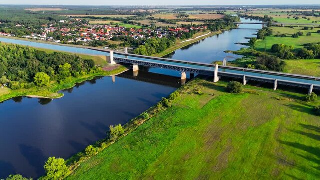 Aerial drone view Magdeburg Water Bridge the longest shipping bridge in Europe. Aqueduct Germany. High quality 4k footage