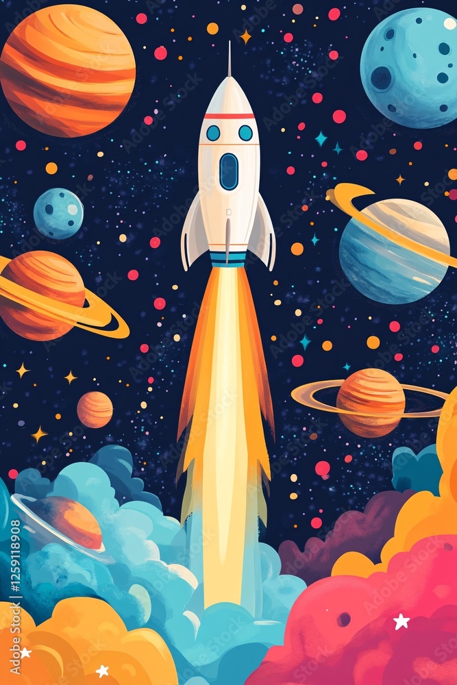 Aufkleber cartoon rocket ship blasts off into a vibrant outer space setting with planets and stars