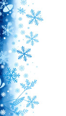 Winter border with blue snowflakes on white background . Hand-painted horizontal illustration, Dreamy. with white shades