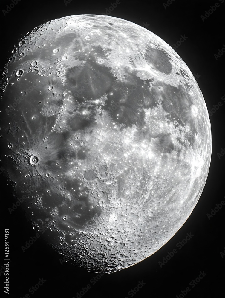 Poster detailed photograph of the full moon in dark sky with visible craters and texture : generative ai