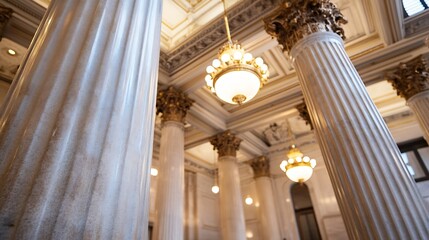 Obraz premium Elegant Architectural Details of White Marble Columns with Luxury Chandelier in Grand Hall : Generative AI