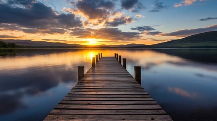 Fototapeta premium Peaceful Sunset Over Calm Waters with Dock and Last Rays of Sun in the Sky : Generative AI