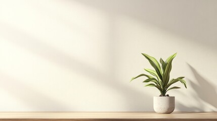 Minimalist plant on wooden shelf against a white wall with sunlight.