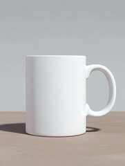 Obraz premium Blank white ceramic coffee mug on smooth surface against a minimalist background, ready for personalization and daily use in relaxed settings