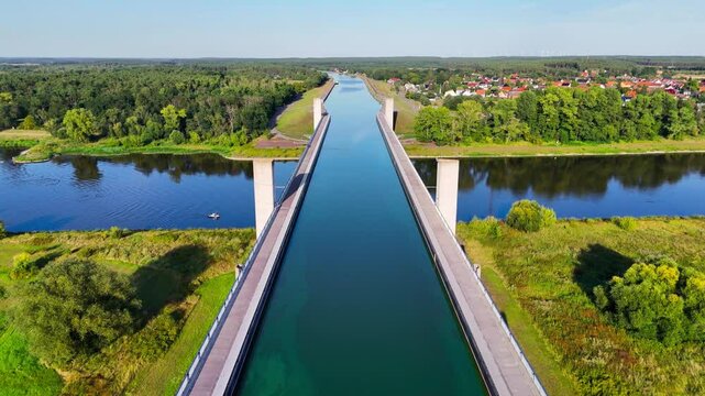 Aerial drone view Magdeburg Water Bridge the longest shipping bridge in Europe. Aqueduct Germany. High quality 4k footage