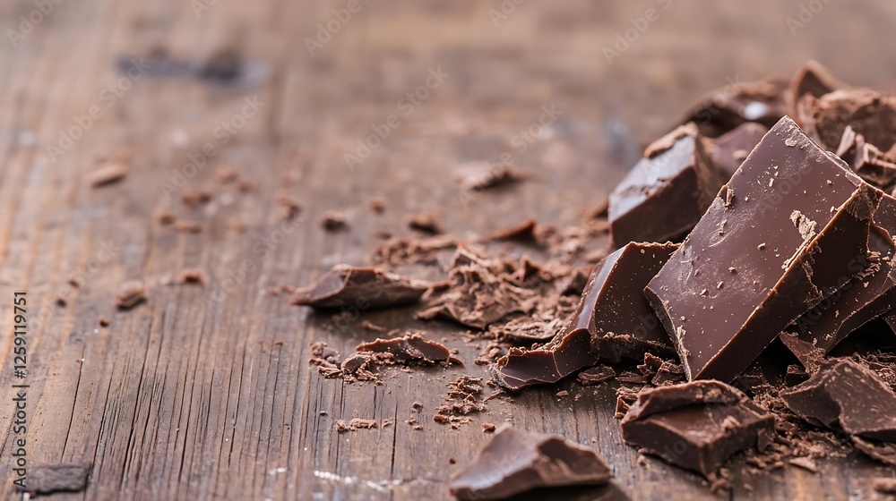 Aufkleber rich dark chocolate segments piled on a rustic wooden surface with shavings : generative ai