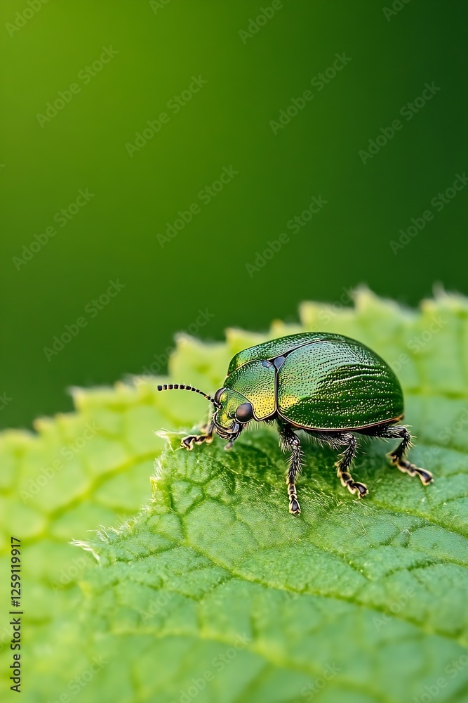 Poster close-up of a vibrant green beetle resting on a leaf : generative ai
