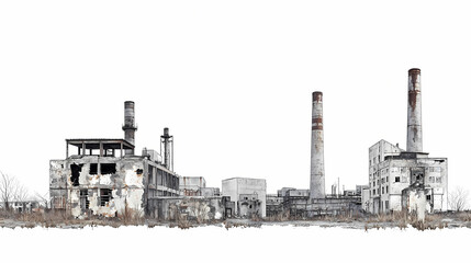 Obraz premium A haunting view of an abandoned industrial site with deteriorating buildings and smokestacks against a stark white background. Haunted Relics. Illustration