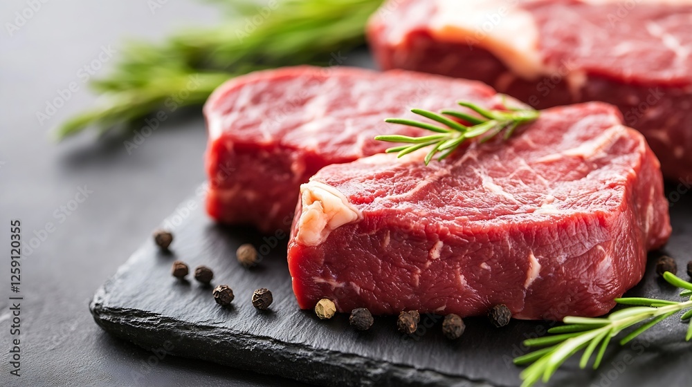 Poster fresh raw beef steaks with rosemary and peppercorn arranged on a rustic slate board : generative ai