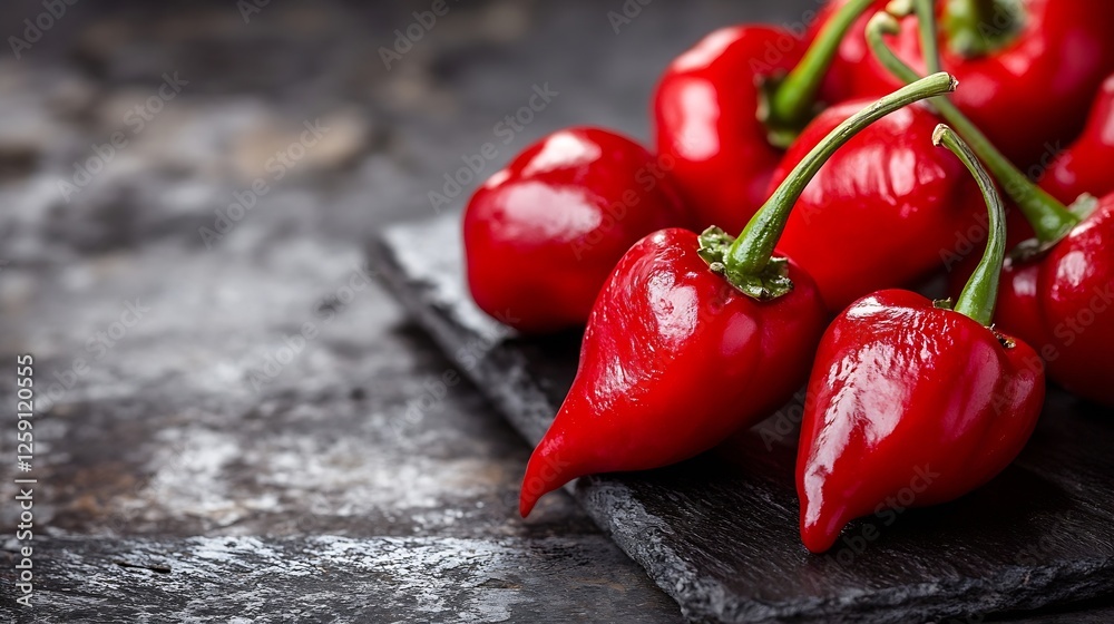 Poster fresh red hot chili peppers piled on slate serving board in a rustic kitchen setting : generative ai