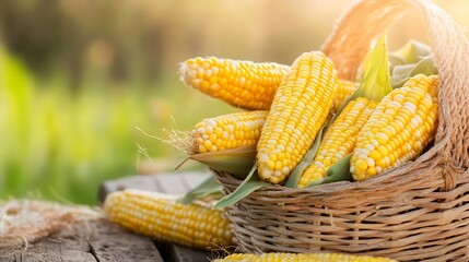 Freshly Harvested Corn Ears in a Rustic Basket with Natural Sunlight Background : Generative AI
