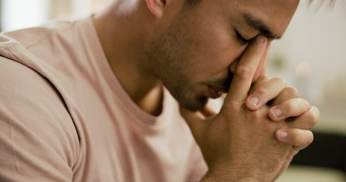 Pain, regret and depression with a man in therapy for mental health, psychology or healing closeup. Stress, anxiety and mistake with a young patient in a grief counseling session for loss or sad