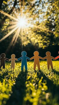 Colorful paper figures hold hands in sunlight, symbolizing unity and friendship in a serene outdoor setting