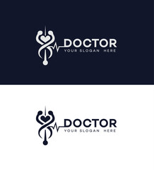 Naklejka premium Medical Logo Design Doctors Heartbeat Stethoscope Healthcare Symbol