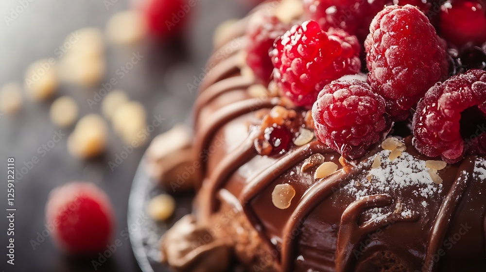 Poster delicious chocolate cake topped with fresh raspberries and nuts on a rustic wooden table : generativ