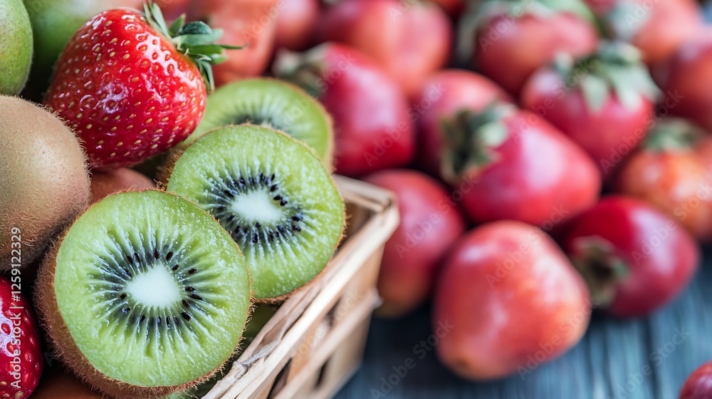 Aufkleber Fresh Colorful Fruits in a Basket Featuring Ripe Strawberries and Kiwi on Rustic Surface : Generative AI