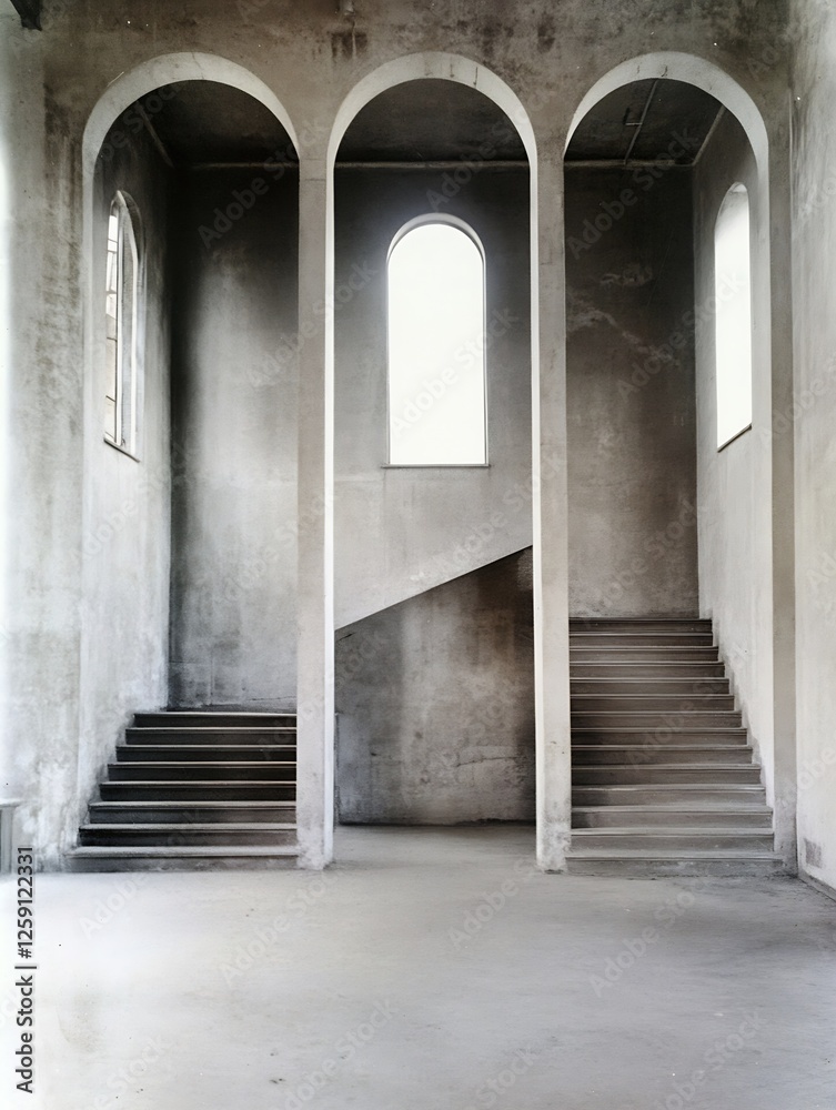 Poster Artistic depiction of empty indoor stairwell with arched windows and a spiral staircase inviting exploration : Generative AI