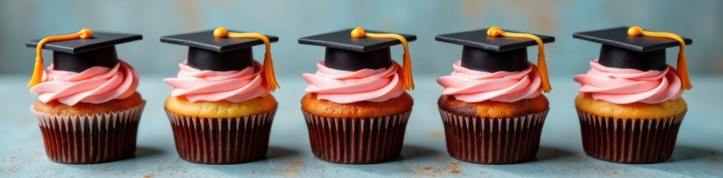Gourmet graduation cupcakes, elegant buttercream swirls, fondant mortarboards , university, celebratory