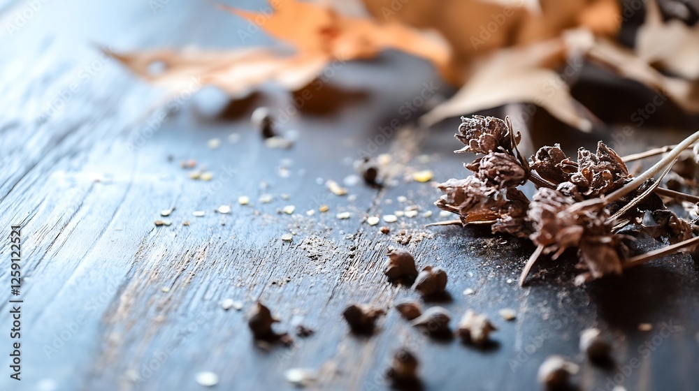 Poster dried flowers and autumn leaves on rustic wooden surface creating cozy atmosphere : generative ai