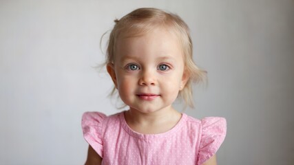 Fototapeta premium A little girl with a smile. She has blonde hair and blue eyes
