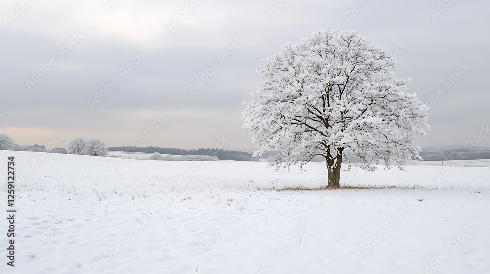 Poster snow covered tree standing alone in serene winter landscape under cloudy sky : generative ai