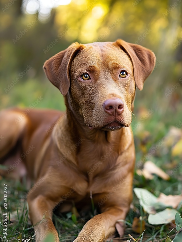 Poster Labrador Retriever Close-Up Portrait in Nature with Leaves : Generative AI