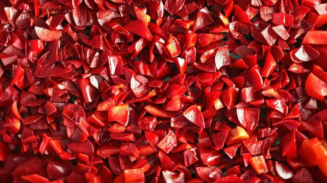 A surface densely covered with bright red pepper slices, filling every inch of the frame with their vibrant, spicy texture and glossy surface.