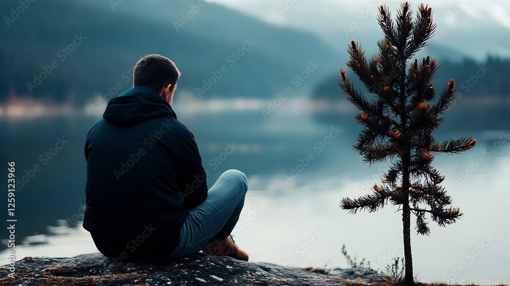 Aufkleber Man Meditating in Nature Next to Calm Water and Pine Tree Relaxing in Peaceful Setting : Generative AI