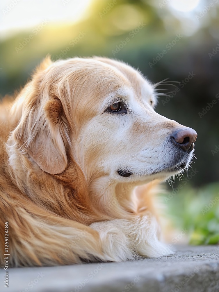 Poster Golden Retriever Contemplating in Natural Light with a Calm and Thoughtful Expression : Generative AI