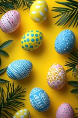 Fototapeta premium Colorful Easter eggs with festive decorations on a vibrant yellow background for spring celebrations.