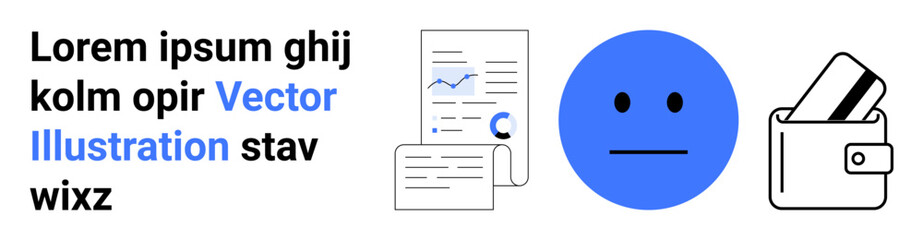 Smile emoticon in blue next to business documents with graphs and wallet with cards. Ideal for finance, business analysis, digital apps, personal finance, emotive design, data presentation, landing