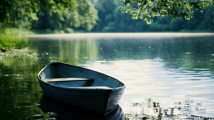 Obraz premium Serene Lake Scene A Tranquil View of a Boat Floating on a Calm Reflective Lake : Generative AI