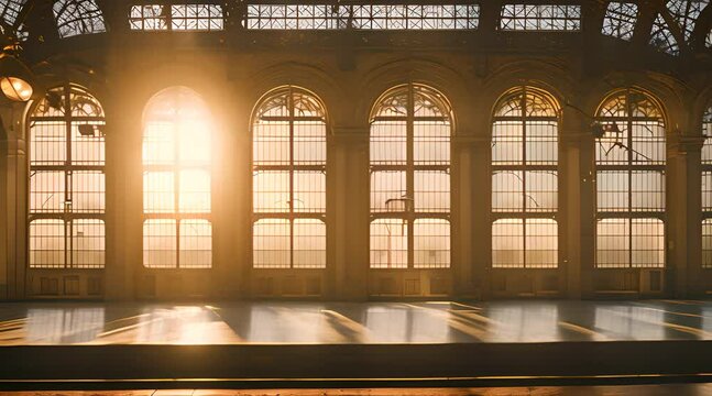 A dimly lit, empty train station at dusk, with soft golden light filtering through large arched windows