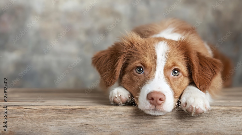 Aufkleber adorable brown and white puppy lying down with a gentle expression resting on a wooden surface : gen