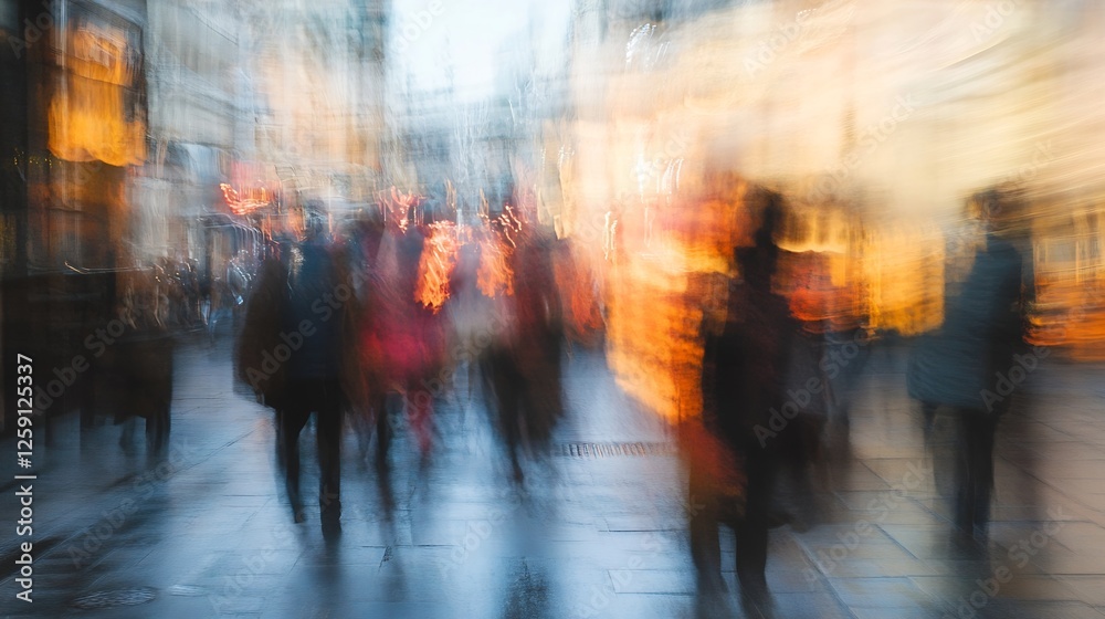 Poster blurred silhouettes of people walking in a busy street creating a dynamic urban scene : generative a