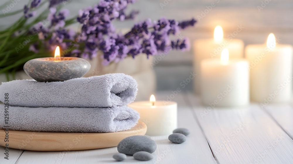 Poster relaxing spa scene with lavender candles and soft towels for a peaceful atmosphere : generative ai
