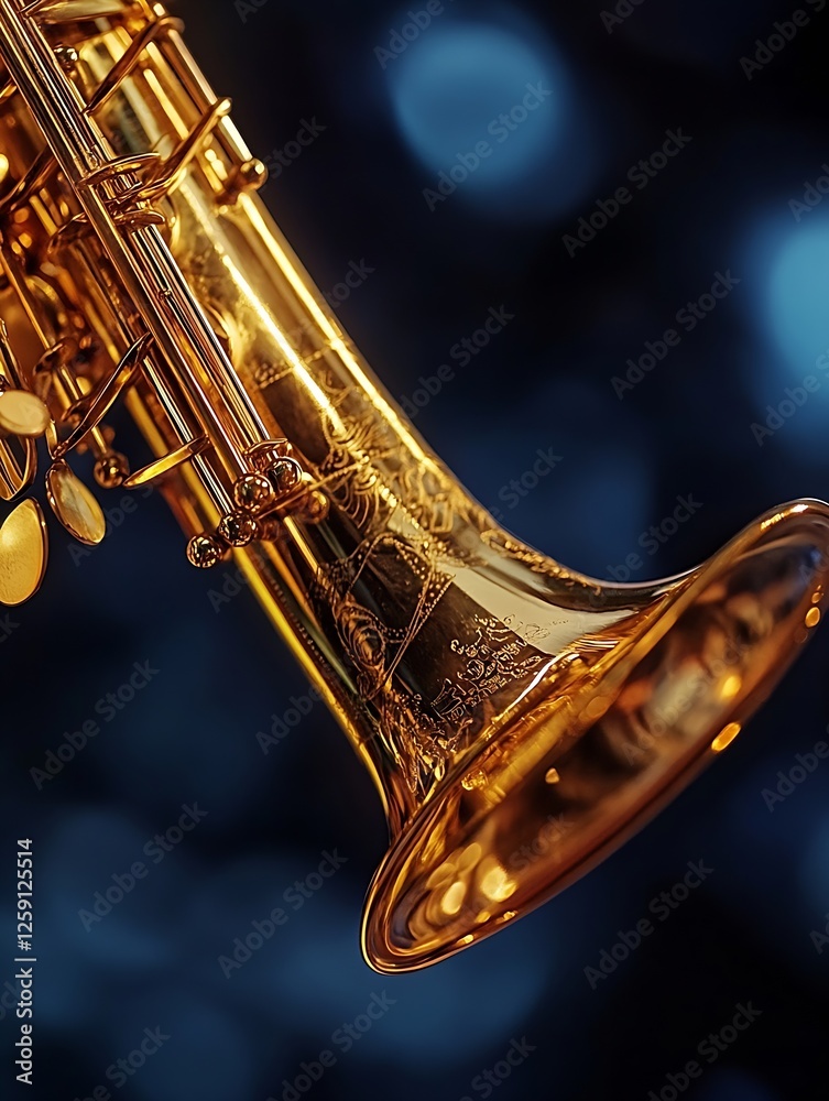 Aufkleber Close Up of a Shiny Saxophone with Golden Finish Reflecting Light in a Dark Background : Generative AI