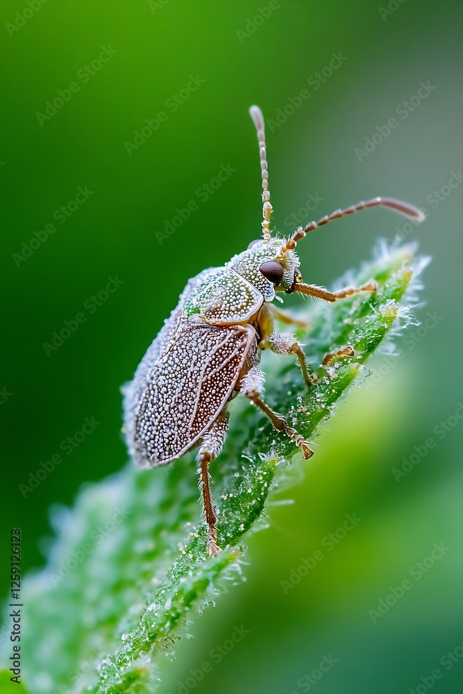 Poster close up of a bug on a leaf with dew drops reflecting natural beauty : generative ai