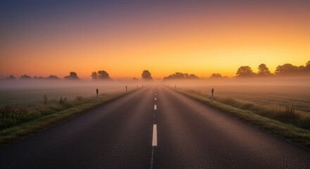 Driving on an Empty Country Road at Foggy Sunrise Landscape
