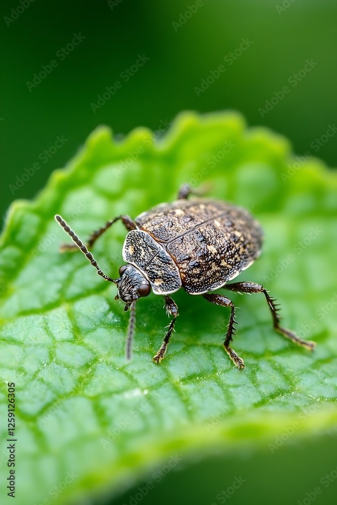 Poster Close-Up Macro Shot of a Beetle Crawling on a Leaf with a Blurry Green Background : Generative AI