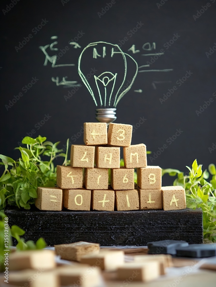 Poster Creative Light Bulb Concept With Building Blocks Greenery And Science Background : Generative AI