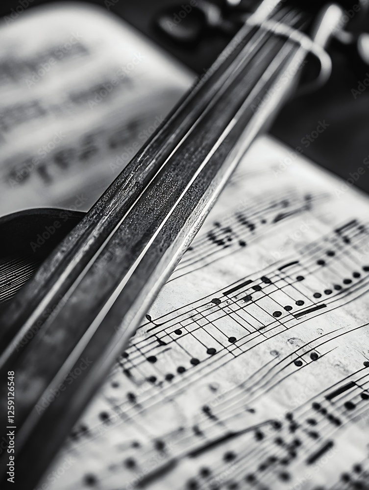 Aufkleber Close Up of Violin Strings with Sheet Music Creating a Harmonious Melody : Generative AI