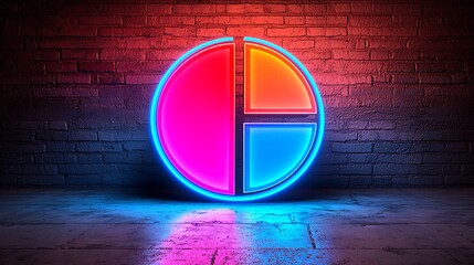 Neon pie chart on brick wall, data analysis concept.