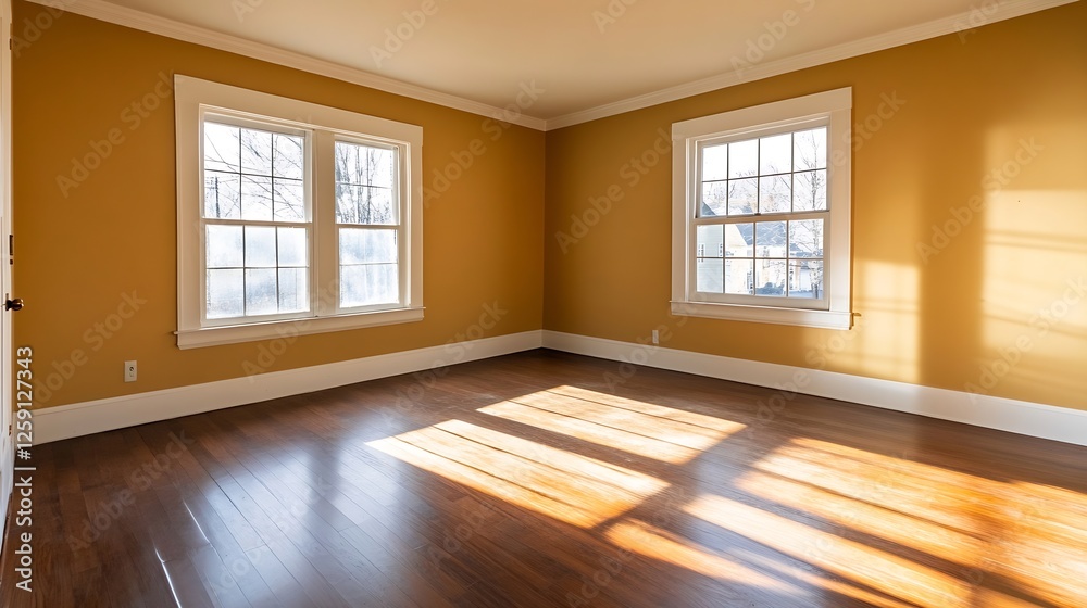 Poster empty room with sunlight streaming through windows and warm yellow walls : generative ai