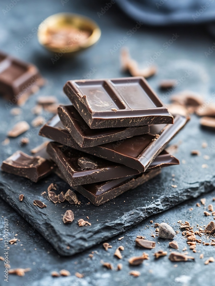 Poster Tempting Stack of Dark Chocolate Squares on Slate Serving Board with Bits Around : Generative AI