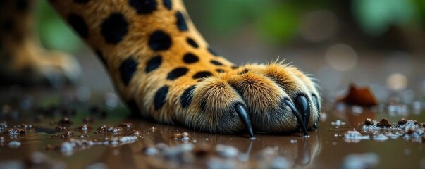Obraz premium Leopard print paw on wet ground, leopard print, footprints, forest